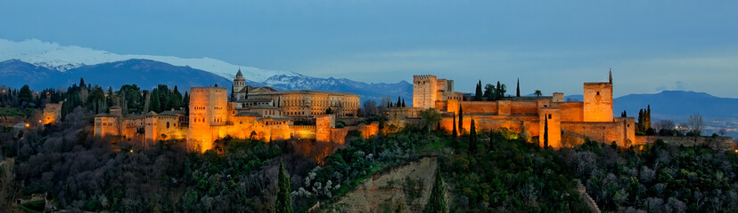 Fototapeta na wymiar Panorama of Al Hambra in Granada, Lit at Night