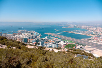 Panoramic view on the Gibraltar harbor at sunny summer weather