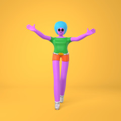 An informal greeting a young girl with an African hairstyle stands holding her hands up. Trendy concept disproportionate body big legs and arms cartoon illustration. 3D rendering