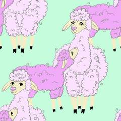 Seamless pattern. Vector lama mom and baby. Cute happy childhood background.