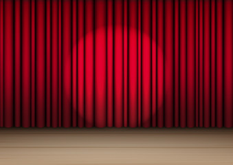 3D Mock up Realistic Red Curtain on Wooden Stage or Cinema for Show, Concert or Presentation with Spotlight background illustration vector