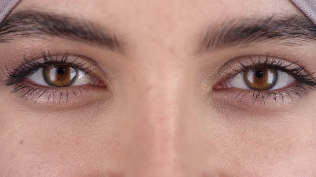 Extreme close up shot of eyes of beautiful young woman looking at camera