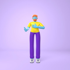 Young hipster guy with a beard informally welcomes holding out his hand. Trendy concept disproportionate body big legs and arms cartoon illustration. Fashionable bright color style. 3D rendering