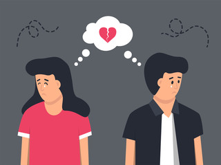 A couple cry due to a broken heart. Couple in disagreement at end of friendly relations.Upset and depressed concept. Flat cartoon vector illustration