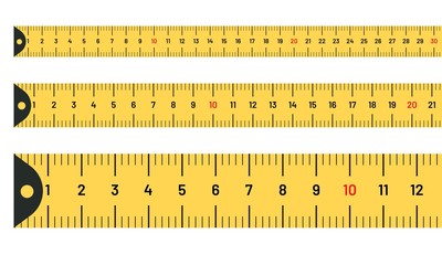 Ruler measuring long tape set. Yellow tape lines with inches and metric centimetres