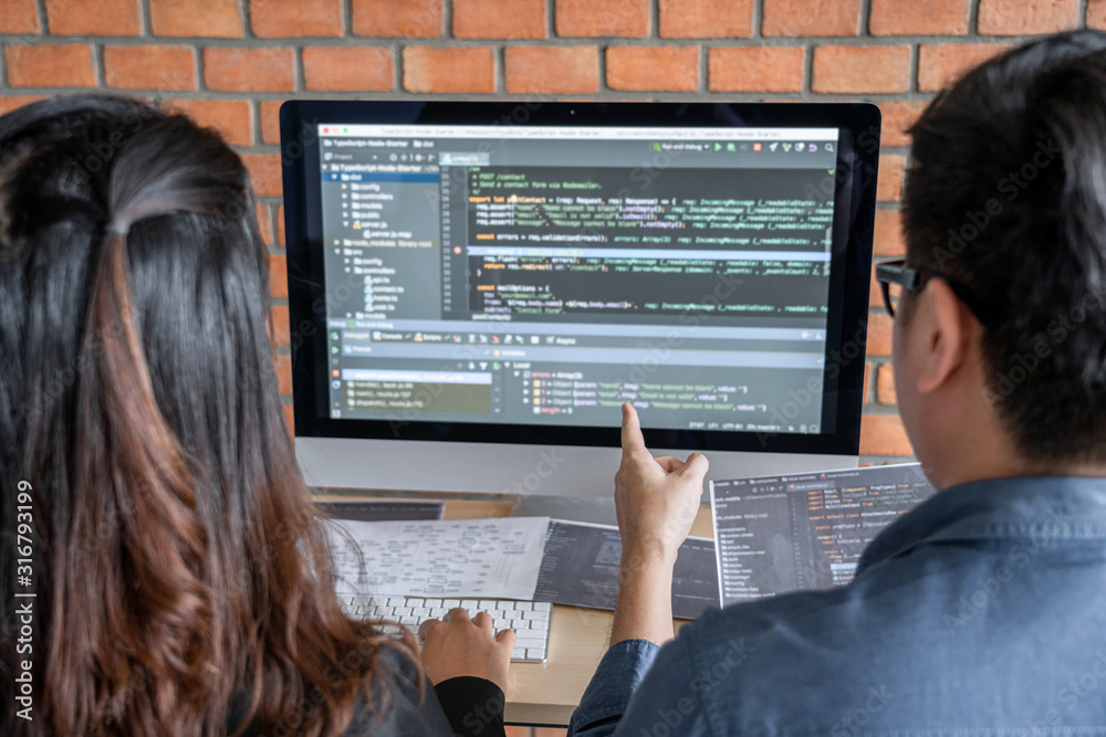 Aufkleber Programmers cooperating at Developing programming and website working in a software develop company office, writing codes and typing data code, Programming with HTML, PHP and javascript