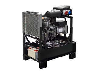 Mobile, portable mobile diesel or gasoline generator, black, with remote control, isolated on white background.