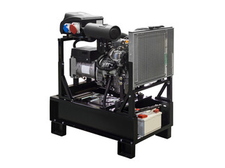 Mobile, portable mobile diesel or gasoline generator, black, with remote control, isolated on white background.