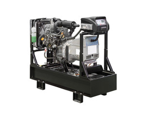 Mobile, portable mobile diesel or gasoline generator, black, with remote control, isolated on white background.