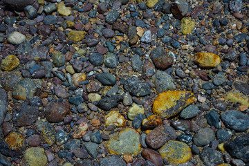 Small Oval Pebble Stones Background,Colorful pebbles on the coast,Small pebble Colorful beach.colorful small pebble and stone for background texture.