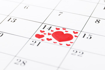 valentines day concept. Calendar close up. The 14th of February