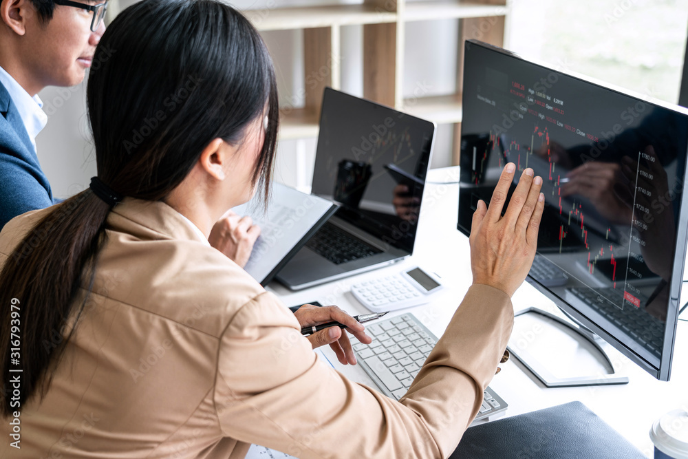 Poster business team investment working with computer, planning and analyzing graph stock market trading wi