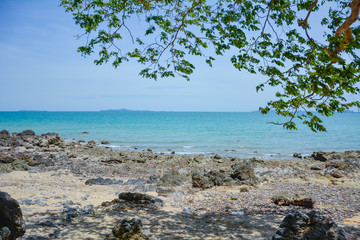 The beach is full of rocks,beach full of rocks in Montenegro with beautiful view to sea,Beautiful scenery on the beach at low tide seen rocks on the mainland full of charm.