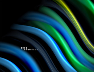 Silk smooth lines on black, liquid fluid color waves. Vector Illustration