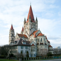 Fototapeta premium St. Francis of Assisi Church at Mexikoplatz Vienna. Kirche zum heiligen Franz von Assisi, Kaiser Jubilee, Kaiserjubilaumskirche, Mexico Church, Mexikokirche