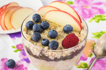 Overnight oatmeal with chia seeds, blueberries and apple.