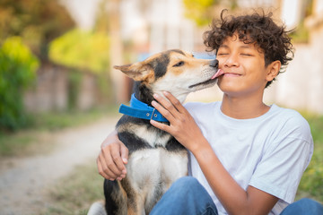 Two best friends boy and his dog have a lovely time