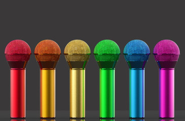 3d rendering.Lgbt rainbow color microphone row on gray background.