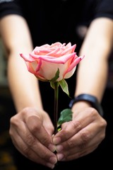 Single pink rose flower in human hand.