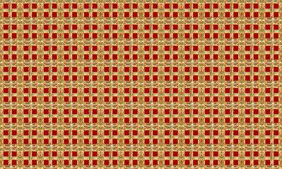 3d rendering. Abstract Golden square mesh on red wall background.