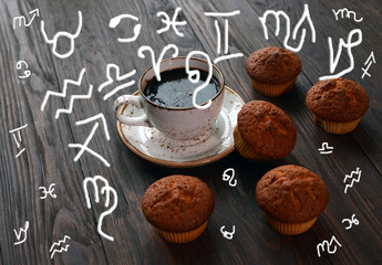  Coffee with muffins and astrological symbols.