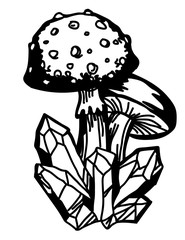 Stylized illustration of mushrooms with crystals