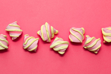 Obraz na płótnie Canvas bright colored background przdnik congratulation gift sweets marshmallows candy children’s girls girls female tender nude pink
