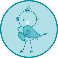 Round sticker cute bird blue background