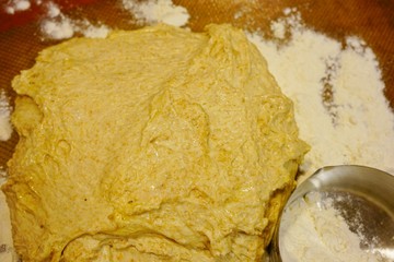Making a ball with proofed yeast dough for miracle overnight no knead bread