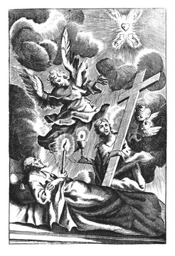Antique vintage religious allegorical Christian engraving or drawing of dying old man directed by angel to heaven and woman holding big cross.Illustration from Book Die Betrubte Und noch Ihrem