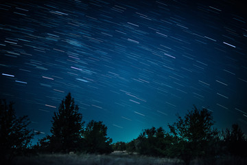 Colorful startrails above dark grim forest