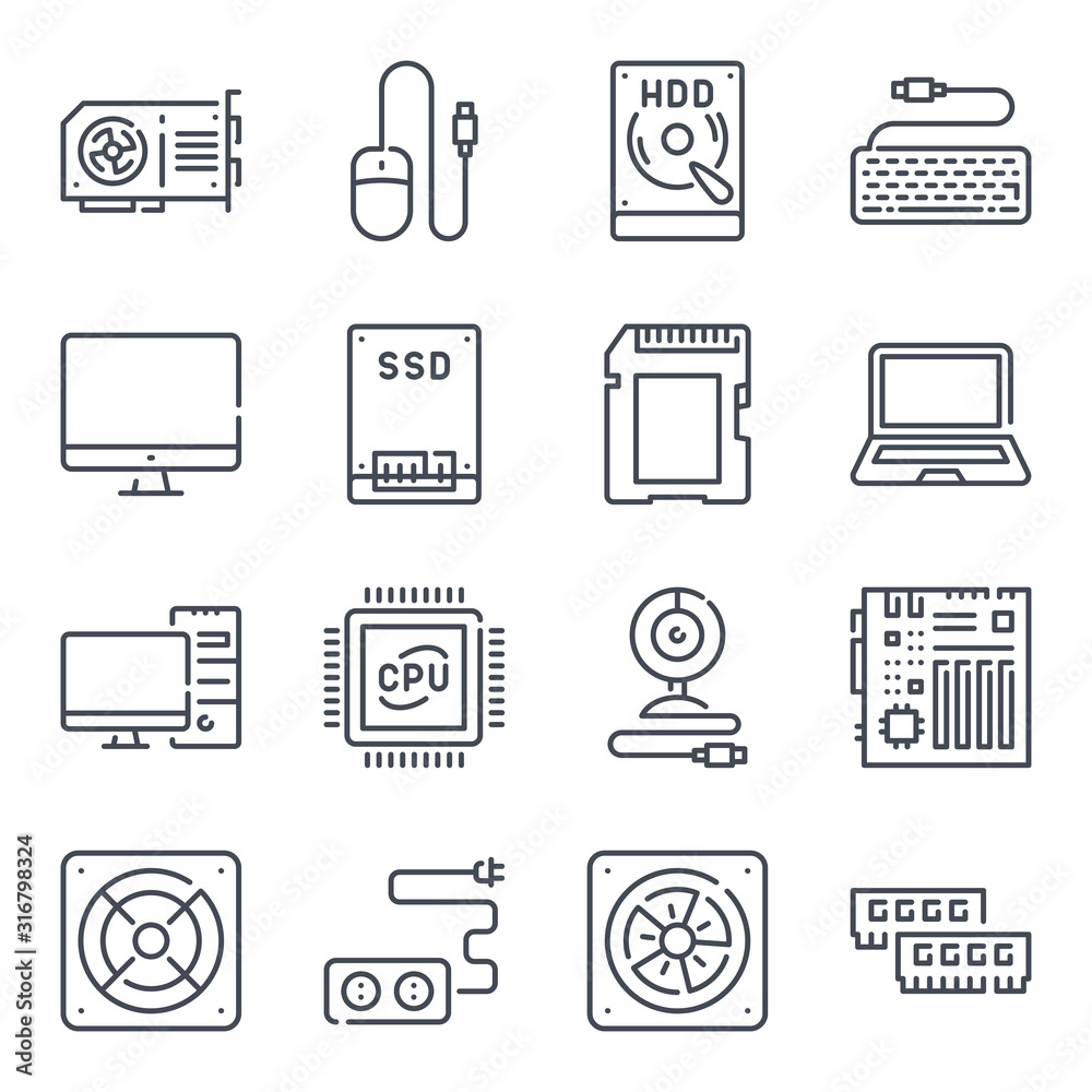 Poster computer parts device related line icon set. components and hardware vector linear icons.