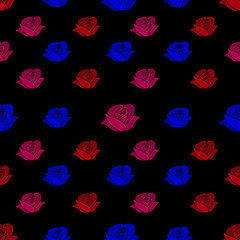 Fototapeta na wymiar Rose flower. Endless vector pattern. Seamless ornament on an isolated black background. Idea for wallpaper, wall, design greeting card, cover, textile. Valentine day, wedding, love. Holiday print. 