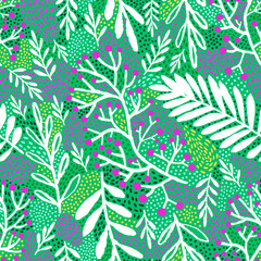 Fototapeta na wymiar Hand drawn grunge textured branches with leaves and berries. Colorful floral seamless pattern. Green background for textile prints, wallpapers, decorative wrapping paper. EPS 10 vector illustration