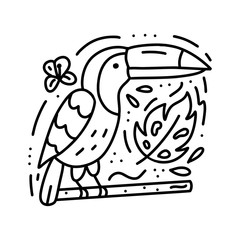 Monochrome doodle composition with tucan, flower and leaf. Print for coloring books, t-shirts, stickers and other. Vector illustration. 