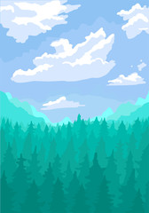 Landscape, mountains and pine forest, blue sky with clouds. Vector flat background illustration.
