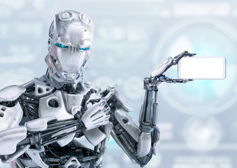 Robot arm pointing finger at blank screen smartphone. Male android, humanoid or cyborg robotic hand holding mobile phone. Artificial intelligence, science, ai technology 3D advertising design concept