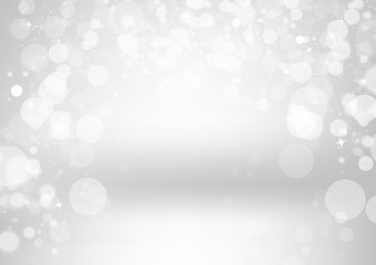 Bokeh, white and silver stars abstract background, celebration seasonal holiday vector illustration