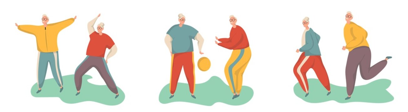 Elderly man doing exercises. Healthy lifestyle, active lifestyle. Sport for grandparents.Holding hands couple.Objects isolated on a white background. Flat vector illustration.