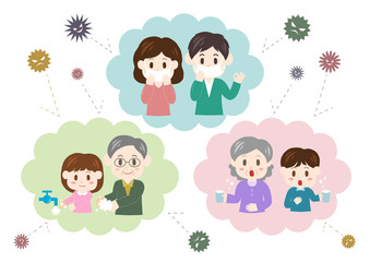  風邪予防・花粉症対策の説明をする家族のイラスト