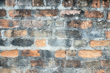 old crack obsolete brick wall with gray stone cement stained background texture nobody.