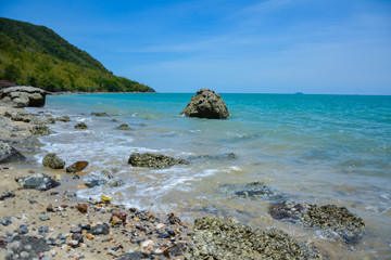 The beach is full of rocks,beach full of rocks in Montenegro with beautiful view to sea,Beautiful scenery on the beach at low tide seen rocks on the mainland full of charm.