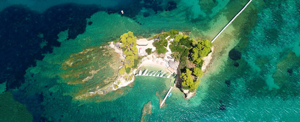 Aerial drone ultra wide photo of iconic small islet of Cameo near Laganas bay, Zakynthos island, Ionian, Greece