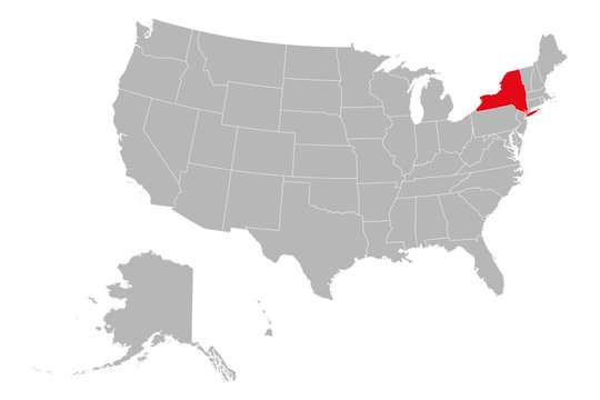 New york highlighted on USA political map. Gray background.