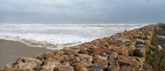 Puerto De Sagunto, Spain 20/01/2020: Heavy waves after the storms