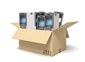 3d rendering of cardboard box full of several ATM's.