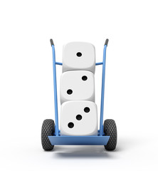 3d rendering of three white casino dice on a hand truck