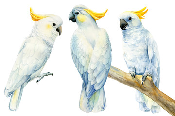 set of parrots, white cockatoo on an isolated white background, watercolor drawing, clipart tropical birds