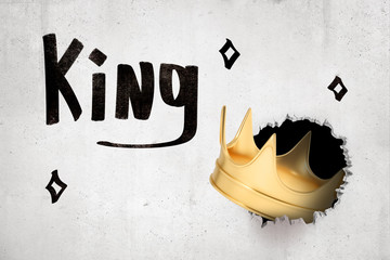 3d rendering of golden crown breaking white wall with 'King' sign on white background