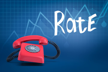 3d rendering of ringing red rotary prhone on blurred blue background with line graphs and title 'Rate'.